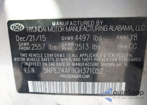 2016 Hyundai Sonata Se from USA, damaged, VIN 5NPE24AF9GH371052